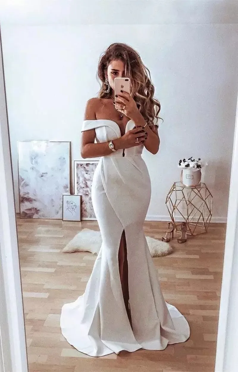 Vestidos de noiva elegantes da sereia, vestido de noiva com divisão frontal, ombro nu, branco, simples, sexy, vestido de noiva, longo comprimento