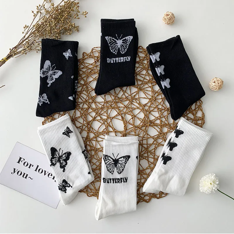 Calcetines transpirables de algodón puro para mujer, medias con estampado de mariposas y animales, peinados, bonitos y encantadores