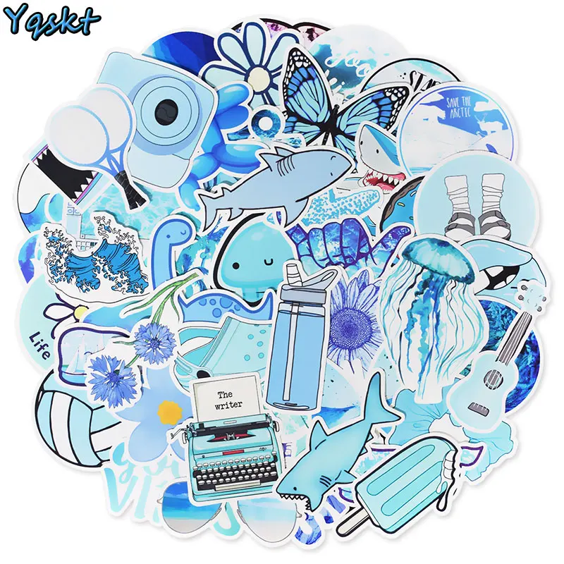 53 Pcs Blue Cartoon Vsco Graffiti Stickers for Skateboard Phone Motorcycle Suitcase Guitar Cute Kids Toys DIY Waterproof Sticker