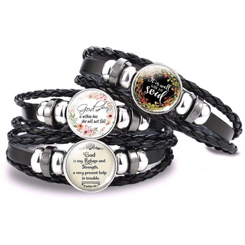 Church Souvenirs Bible Verse Bracelet Black Bangle Faith Jewelry Serenity Prayer Leather Women Men for Christian Believers