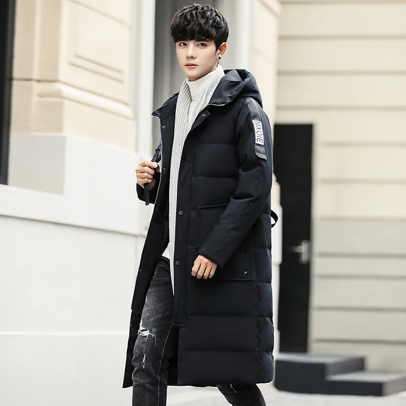 Men Long down jacket male youth winter men handsome coat simple street style trend white warm coat brand fashion casual hooded