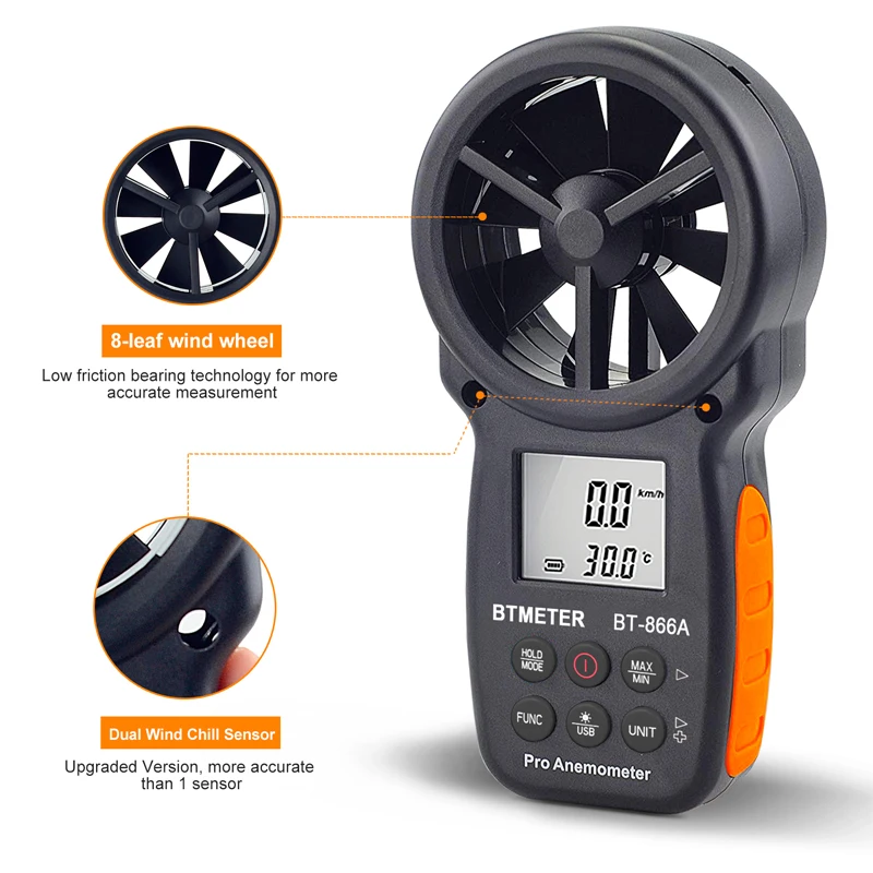 Digital Anemometer BT-866A CFM Meter Air Flow Meter Measure Wind Temperature/Speed Wind chill CFM with USB