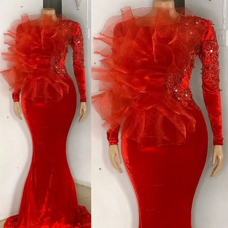 Vestidos formale Rote Abendkleider Frau Party Samt Nacht Spitze Afrikanische Meerjungfrau Abendkleid Mit Langen Ärmeln Arabisch Party Kleider