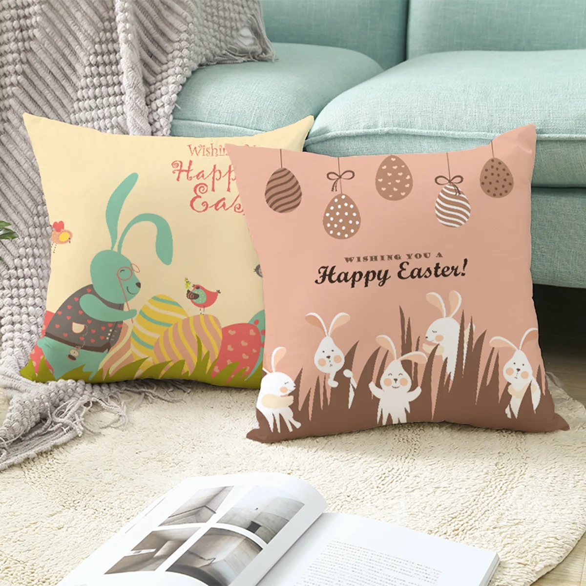 Happy Easter Pillowcase Easter Decorations For Home Sofa Rabbit Bunny Eggs Polyester Pillow Cover 45*45cm Easter Party Decor