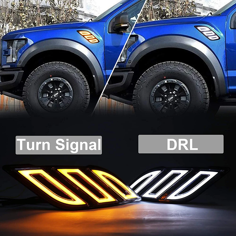 Led Lights Fender-Vents with Amber Sequential Turn Signal Light White DRL Compatible with 2017-Up Ford Raptor