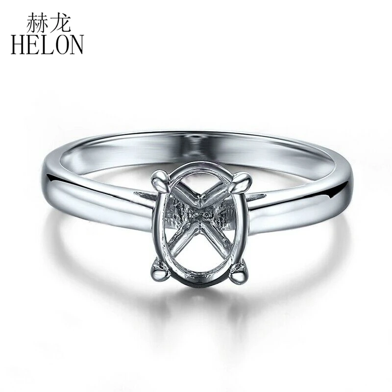 HELON Solid 14k AU585 White Gold Women Trendy Fine Jewelry Semi Mount Engagement Wedding Ring Setting Fit Oval Cut 8X6mm