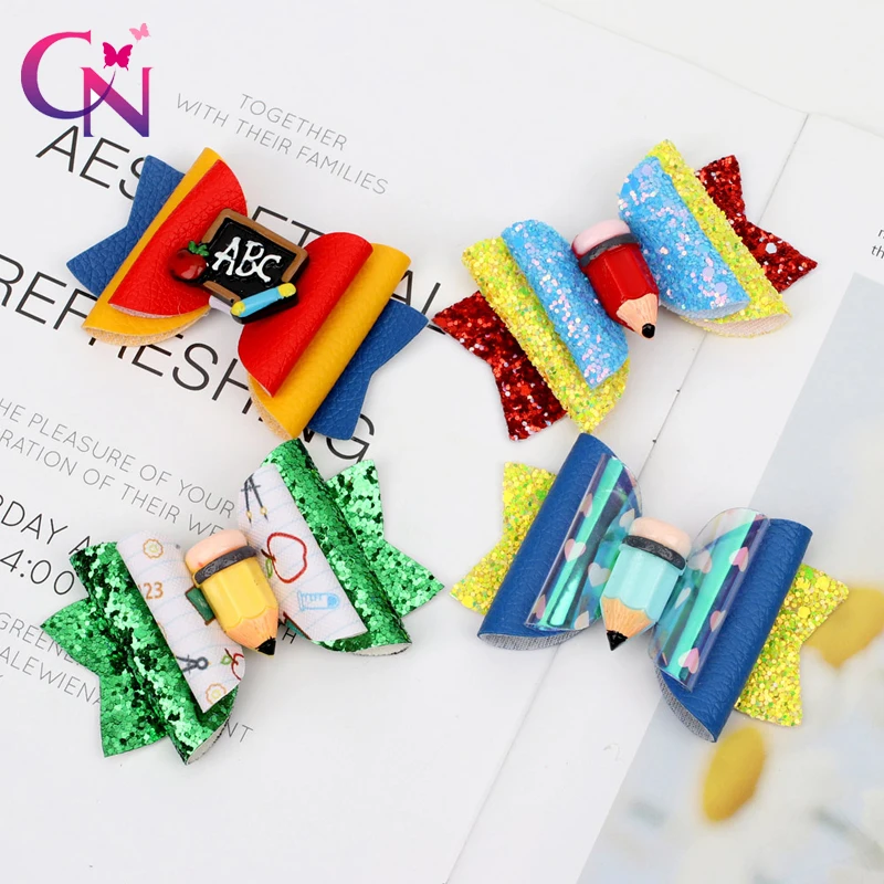 CN Glitter Back to School Hair Bows For Girls Handmade PVC Three Layers Pencil Hair Clips Students Hair Accessories