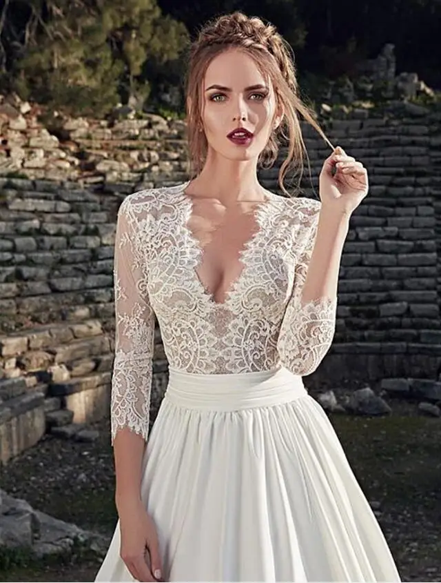 

Attractive Deep V-neck Neckline See-through A-Line Wedding Dress With Nude Lace Appliques Three Quarter Sleeves Bridal Dress