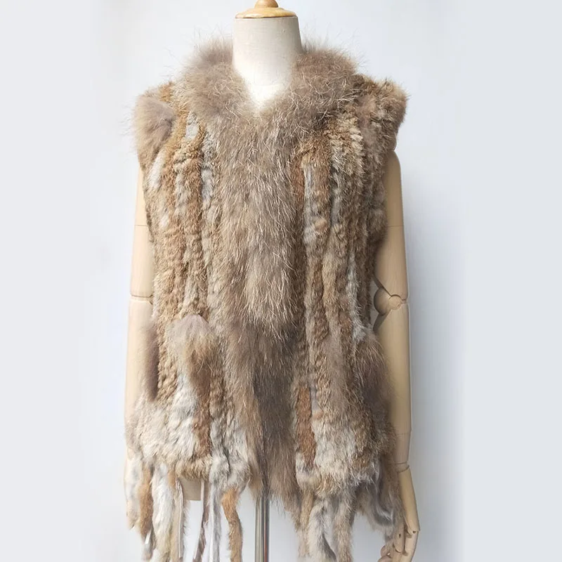 Natural Real Rabbit Fur Knitted Vest With Tassel Genuine Fur Warm Sleeveless Women Fur Gilet With Real Raccoon Fur Trimming