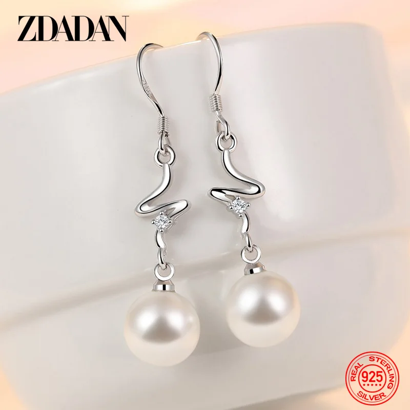 ZDADAN 925 Sterling Silver Long Curved Pearl Drop Earrings For Women Fashion Wedding Party Jewelry Gift