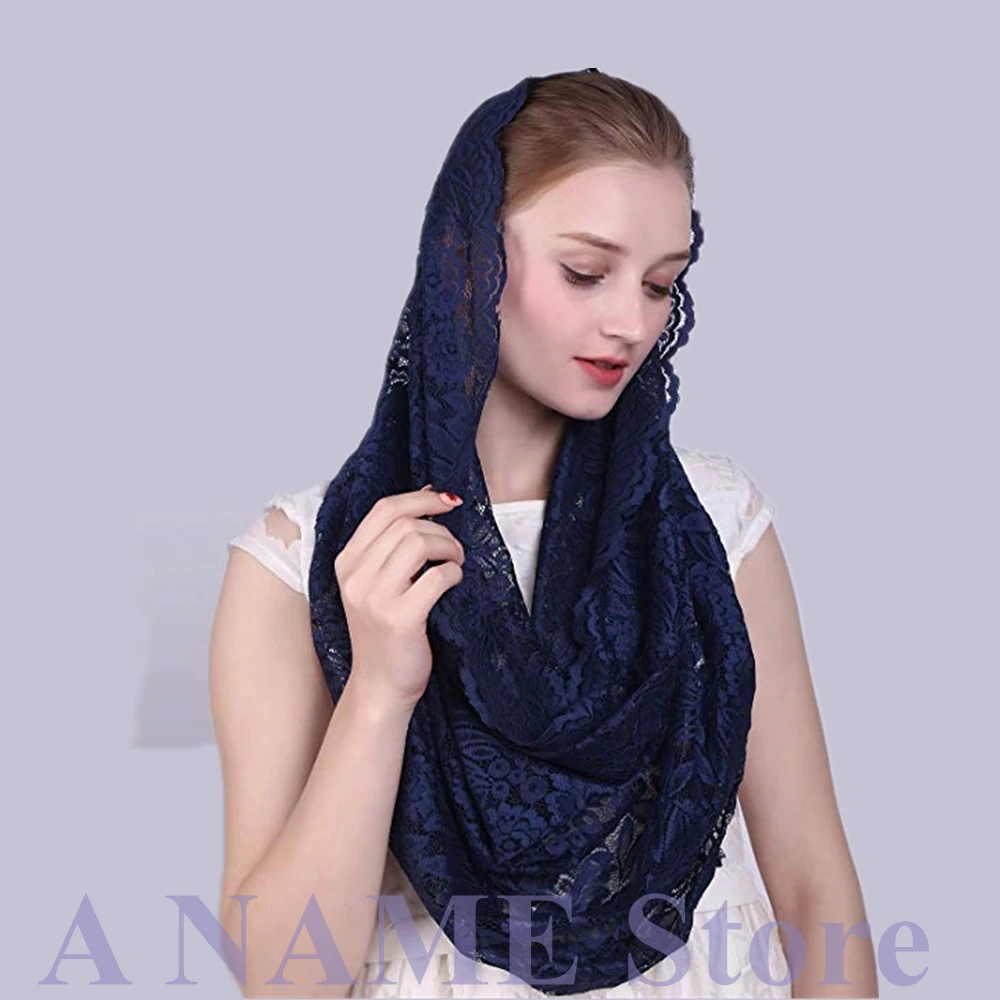 Navy Blue Round Lace Catholic Veil for Church Women Mantilla Infinity Headcovering Scarf Chapel Veil Latin Mass Short Velo Negra