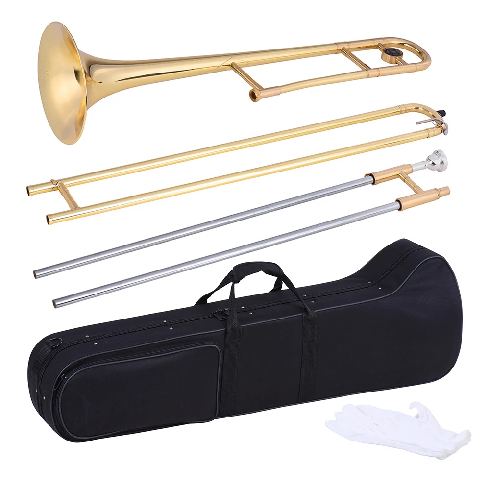 ammoon Tenor Trombone Brass Gold Lacquer Bb Tone B flat Wind Instrument with Cupronickel Mouthpiece Cleaning Stick Case