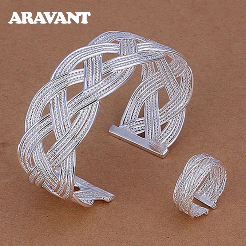 

925 Silver Jewelry Sets Simple Open Bangle Rings For Women Wedding Jewelry