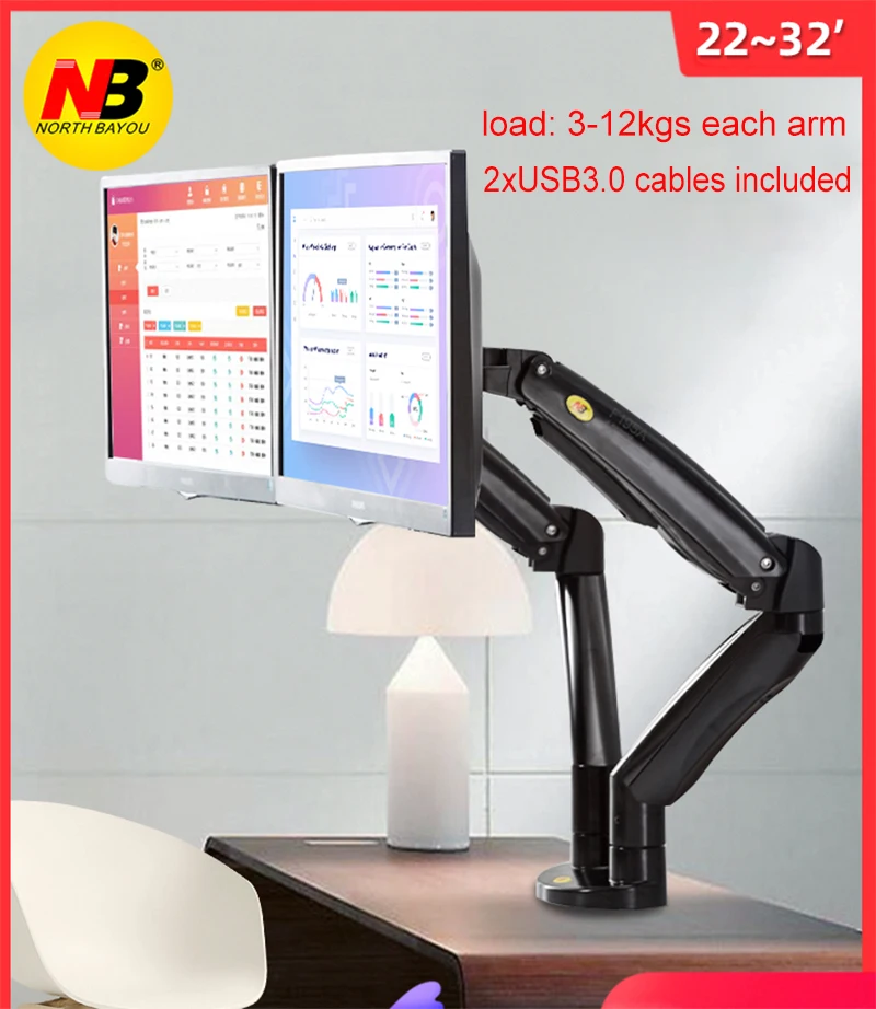 Aluminum Alloy 22-32 inch Dual Monitor Mount Gas Spring Arm Full Motion Monitor Holder Support with 2 USB Ports 3-12kgs NB F195A