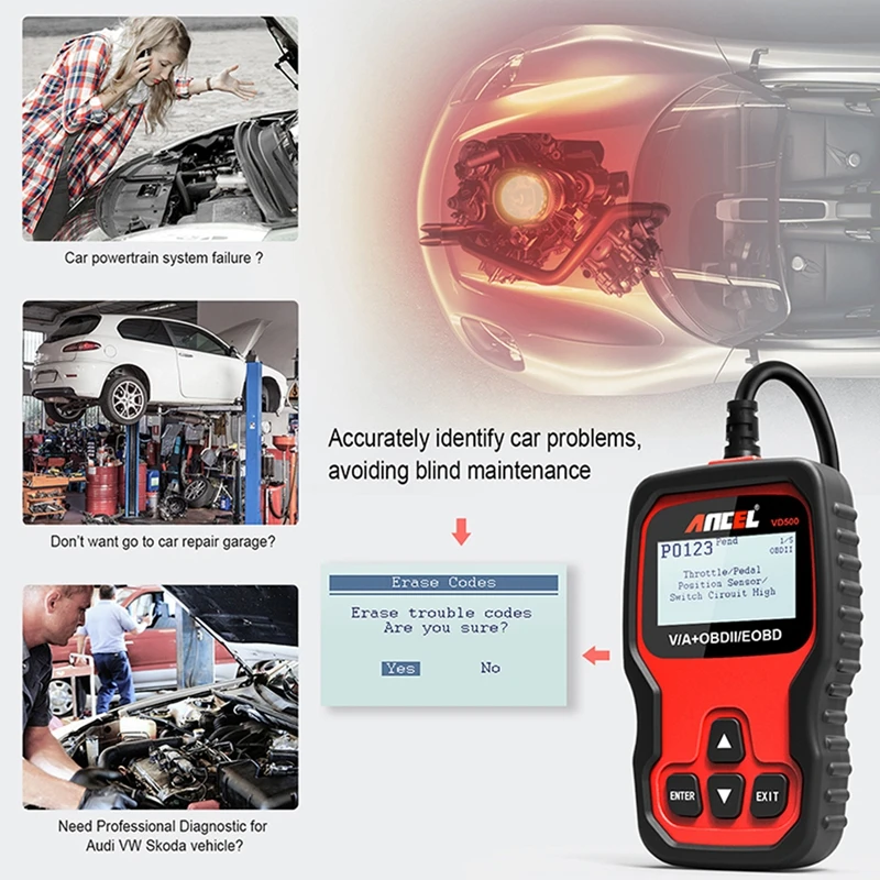 Ancel VD500 OBD2 Scanner Automotive Code Readers Diagnostics Tool Full System Scan Engine Check Oil Reset For VAG VW Audi Skoda