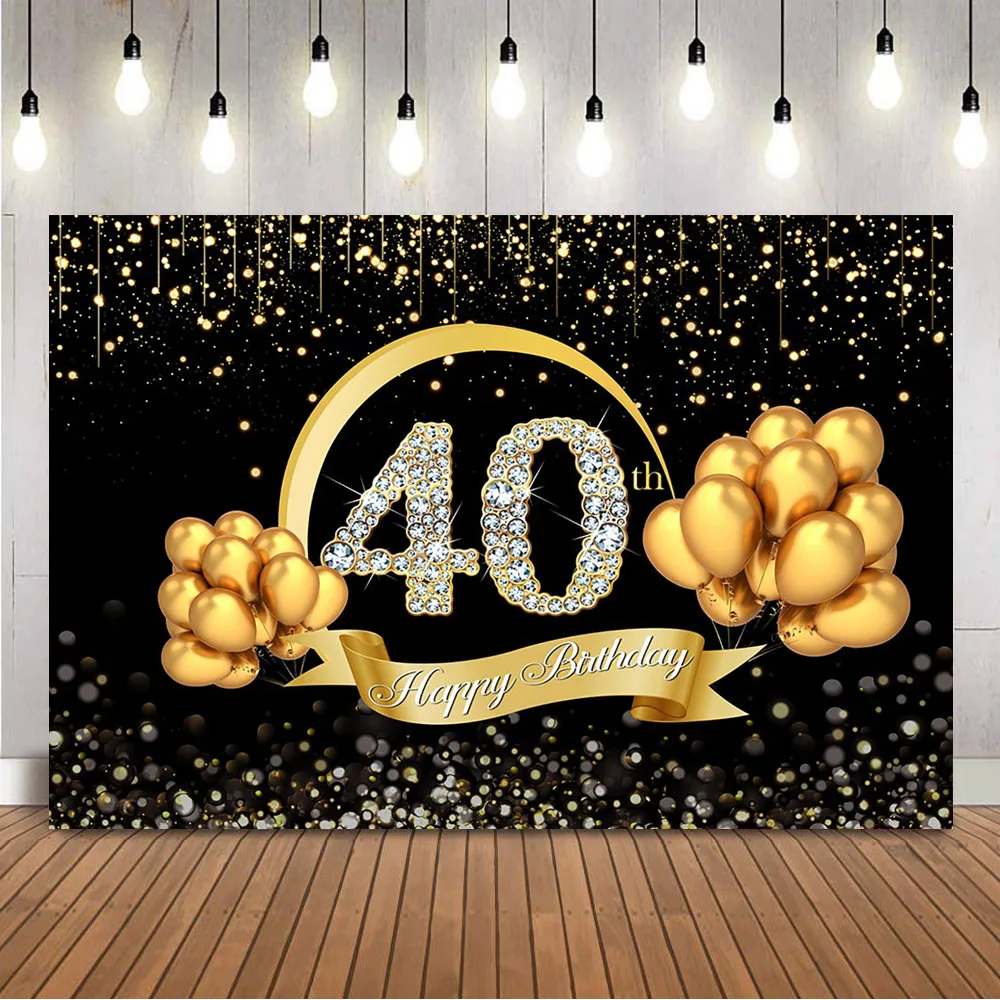 

40th Birthday Diamonds Backdrop Golden Balloons forty Birthday Party Decoration Supplies Glitter Bokeh Dots Photocall Vinyl