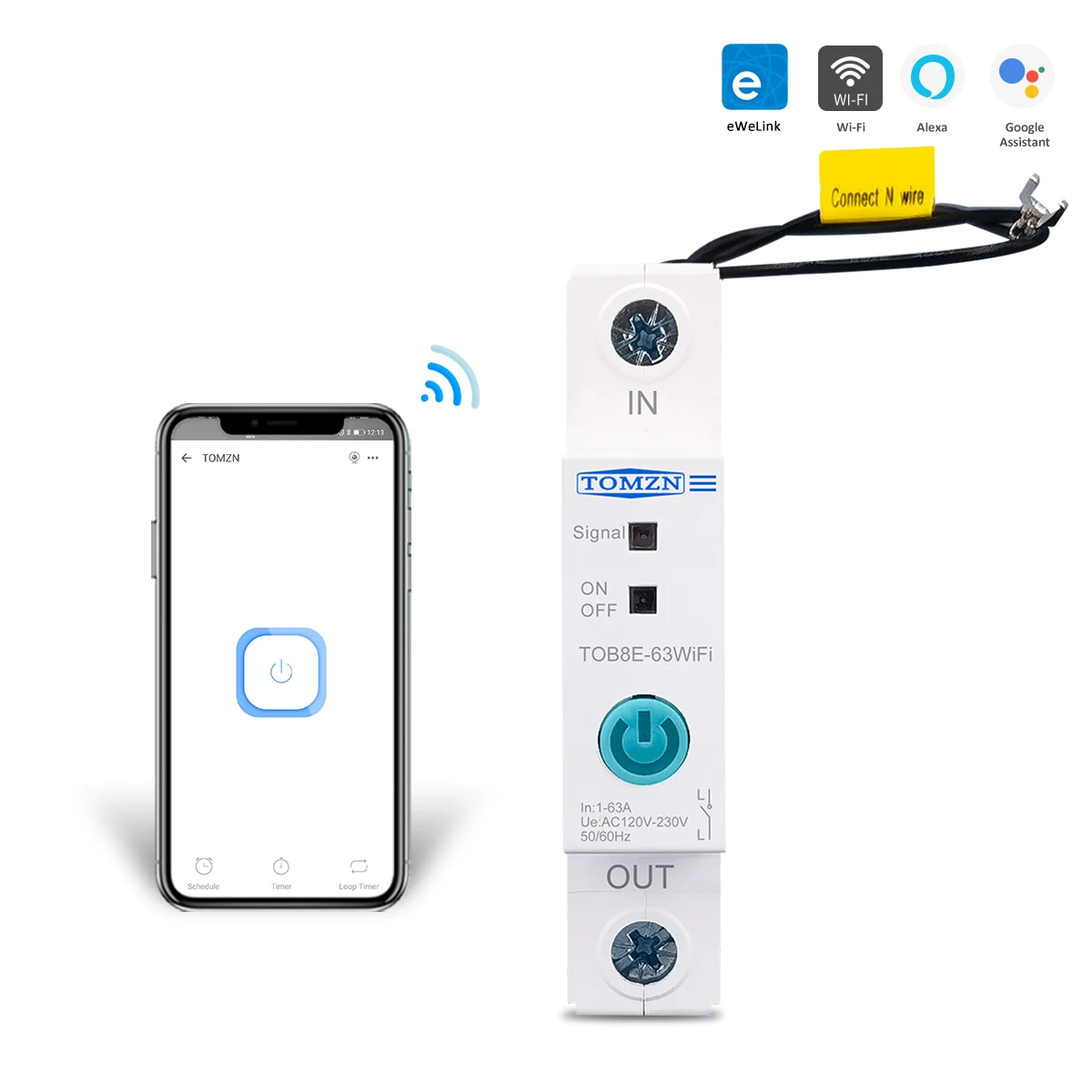 Din Rail WIFI Circuit Breaker Smart Switch Remote Control by Ewelink APP for Smart Home 18mm 63A TOMZN TOB8E-63WIFI