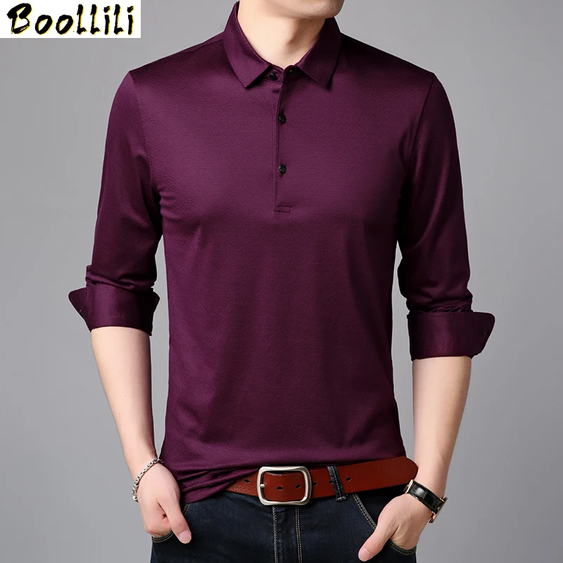 Spring Boollili 2023 New Men's T-shirt Real Silk Cotton Shirt Turn-Down Collar Shirt Smart Casual Solid Long Sleeve Shirt