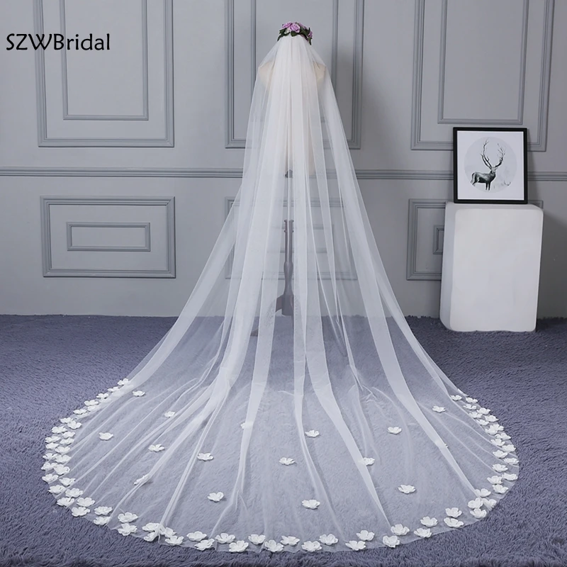 New arrival Satin flower appliques Bridal veil Cathedral wedding veil ivory Velos de novia largos Wedding accessories