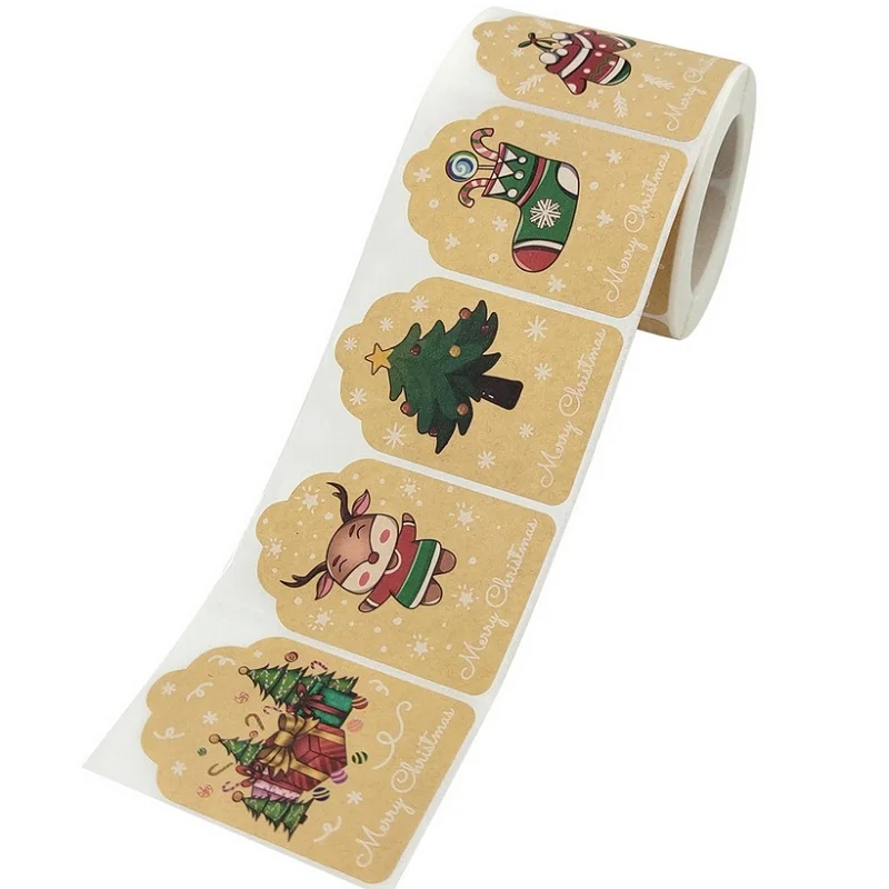 300pcs/Roll Merry Christmas Gift tags Sticker 4x6cm Kraft Paper Christmas Tree Elk Santa Claus Label DIY Party Decor Stickers