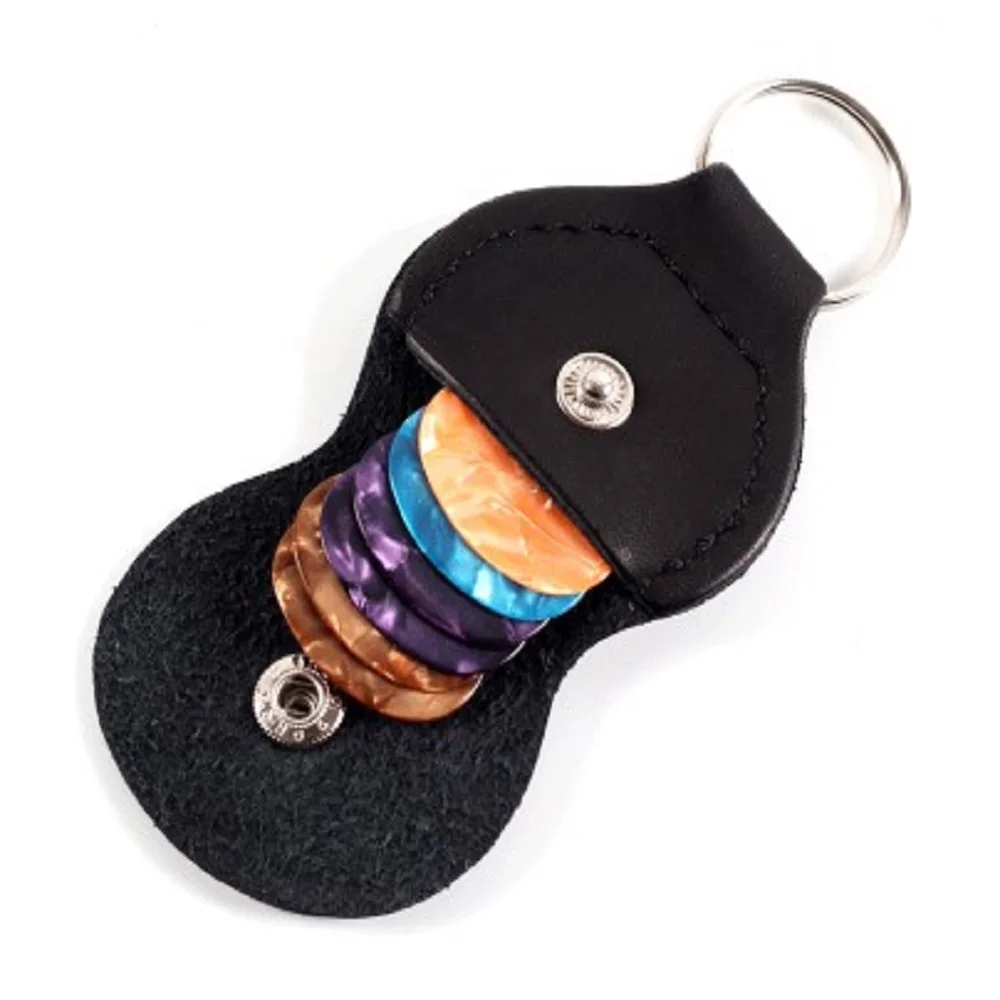 1pc Guitar Pick Holder Genuine Leather Black Plectrum Buckle Creative Hang Buttons Case Guitar Keychain Guitar Accessories