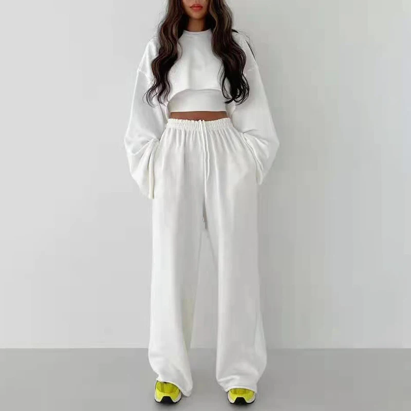 TWOTWINSTYLE Casual Fitness Sets For Femlae O Neck Cropped Top High Waist Loose Pants Women\'s Sportswear Set Fashion 2024