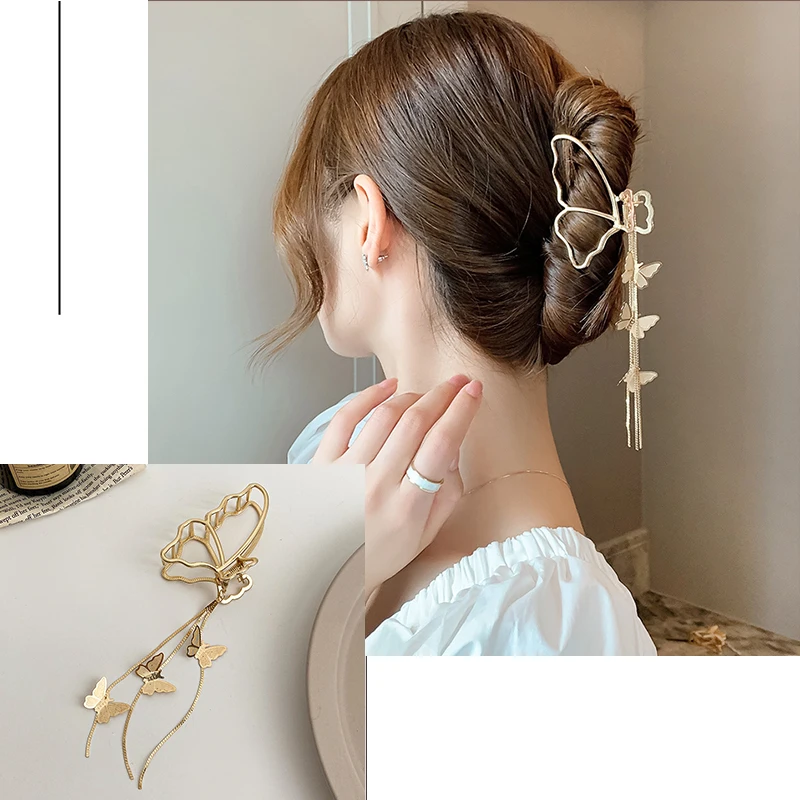 New Women Gold Color Geometric Butterfly Hair Claw Vintage Long Pendant Hair Clips Headband Hairpin Hair Crab Hair Accessories