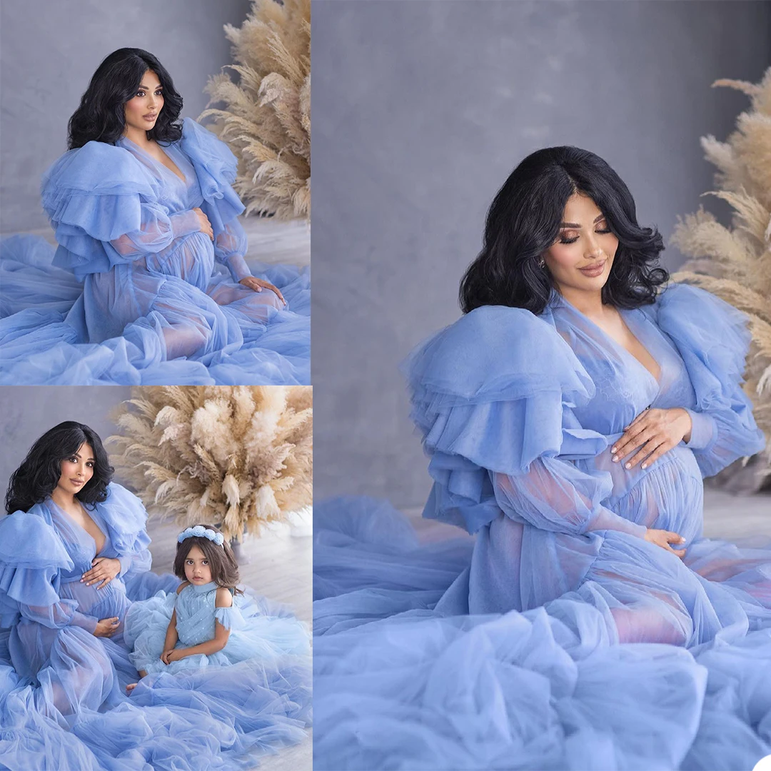 

Luxury Customised Princess Maternity Dresses Blue Gown for Photoshoot Elegant Lingerie Floor Length Bathrobe Nightwear