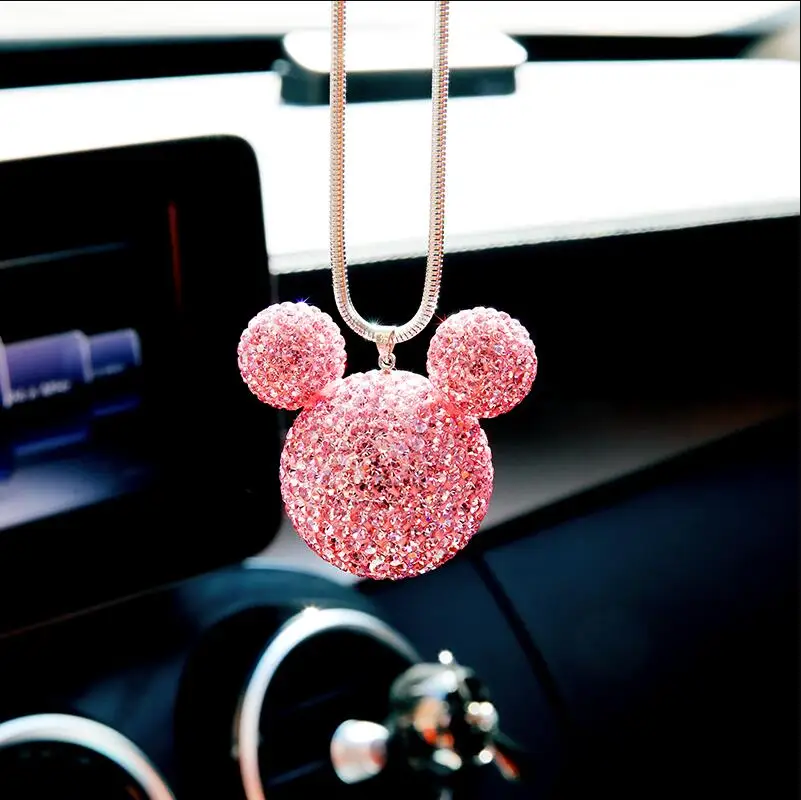 Rhinestone Crystal Ball Car Pendant Cute Cartoon Animal Bling Car Mirror Hanging Accessories Girls Women Car Interior Decoration