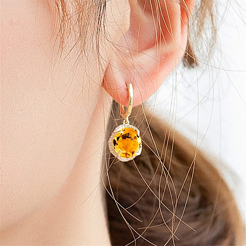 Fashion flower yellow crystal citrine gemstones diamond drop earrings for women 18k gold color jewelry brincos accessories gifts