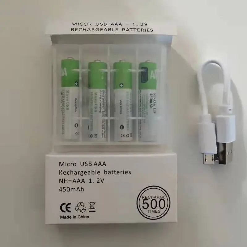 Baterías recargables Micro USB AAA-1.2V, NH-AAA, 1,2 V, 450mAH, 4 unids/lote + Cable USB