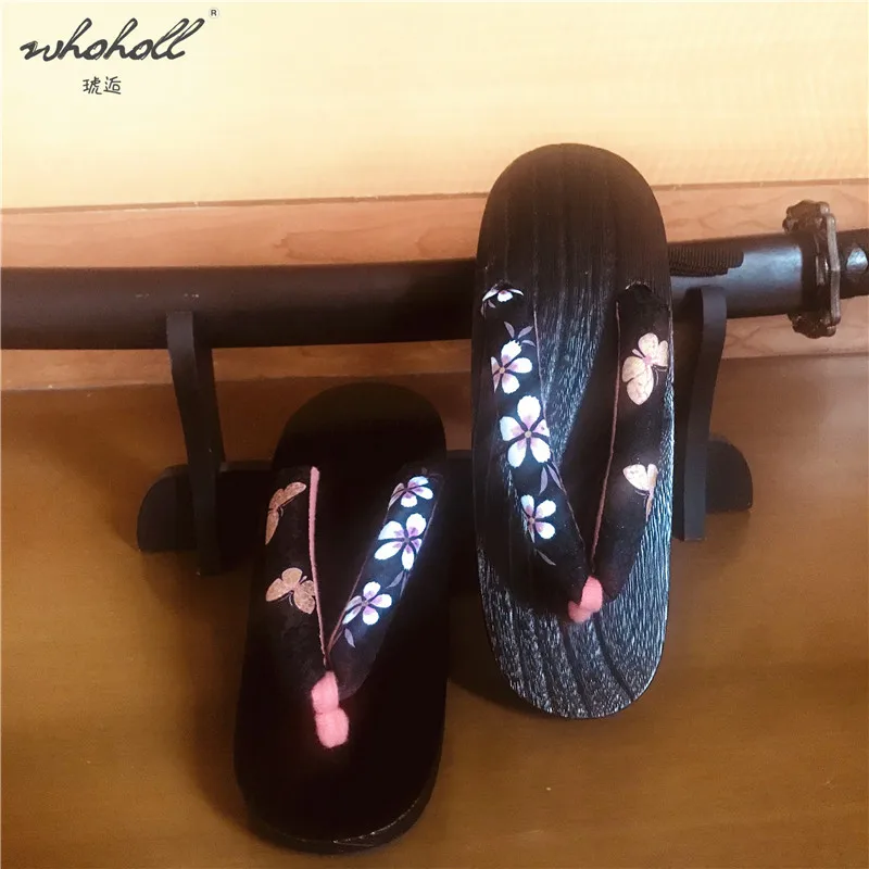 WHOHOLL Geta Women Flip-flops Summer Slippers Indoor Japanese Geta Wood Clogs Kimono Slipper Animation Cosplay Costumes Shoes