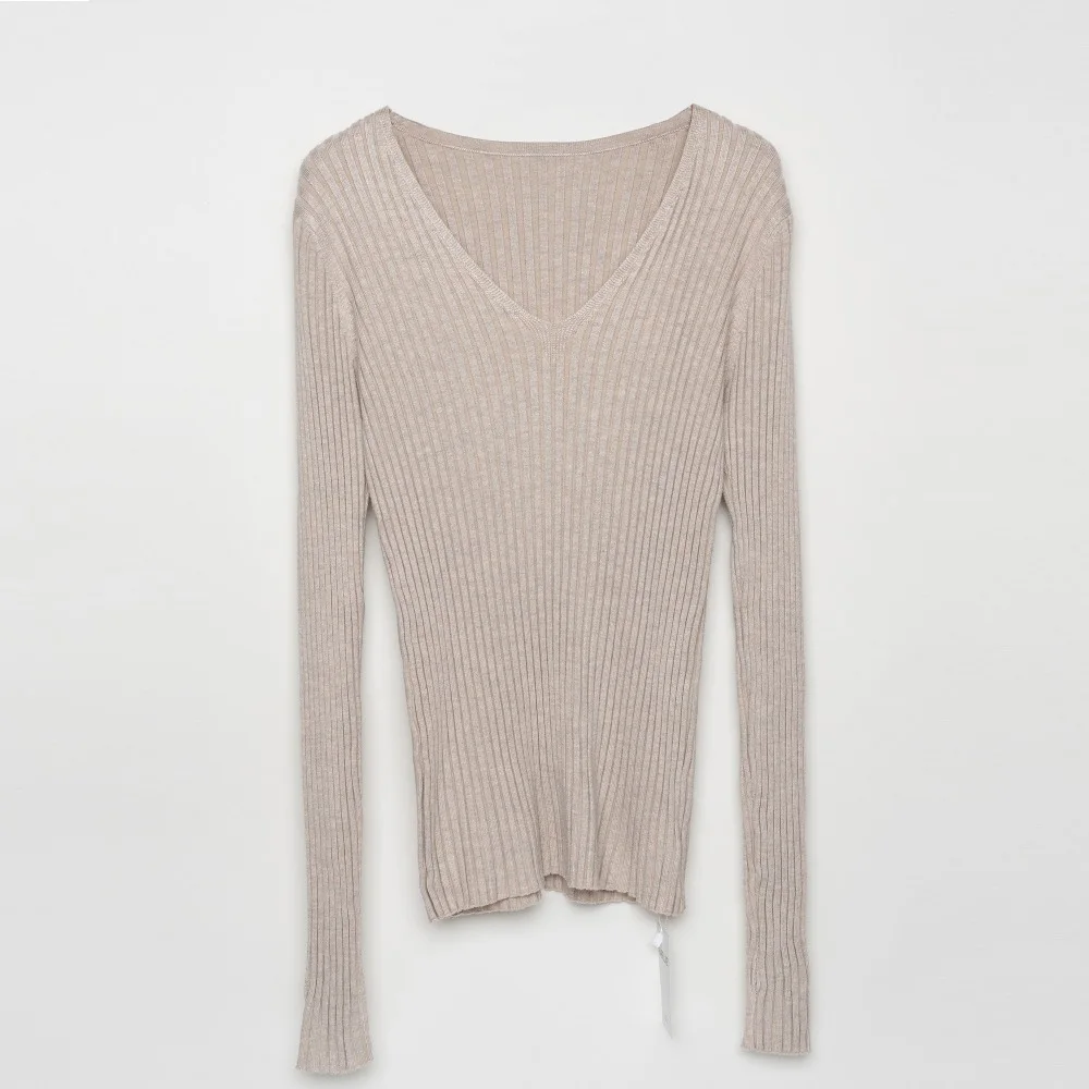 Women Ribbed V Neck Sweater Pullovers Basic Cotton Knitted Tops Slim Fit With Thumb Hole