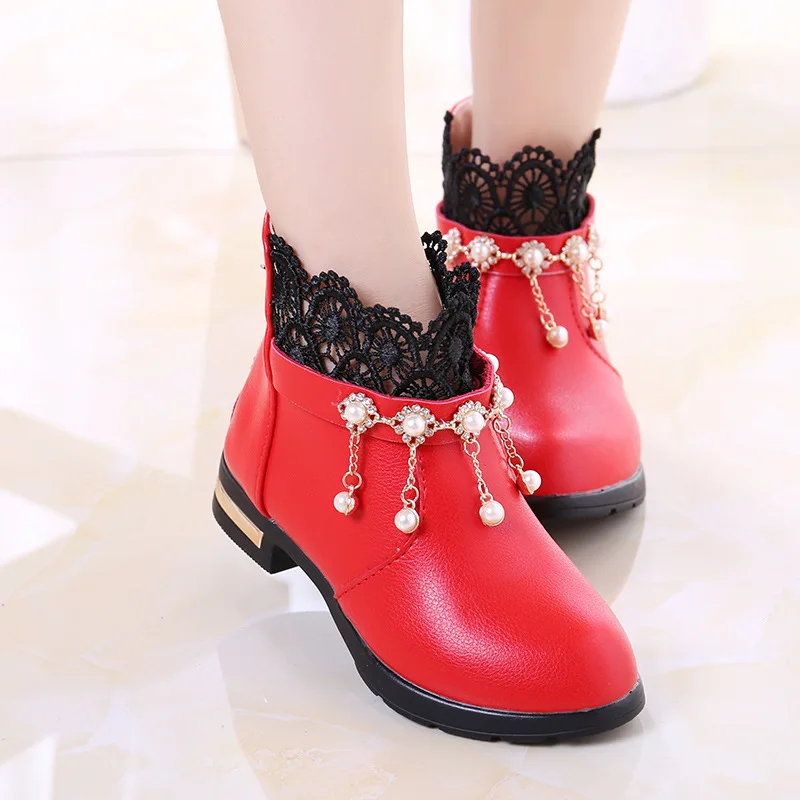 Fashion New Autumn Girl Lace Lace Tassel Leather Boots For Kids Ankle Boots Princess Children Shoe 4 5 6 7 8 9 10 11 12 Year Old