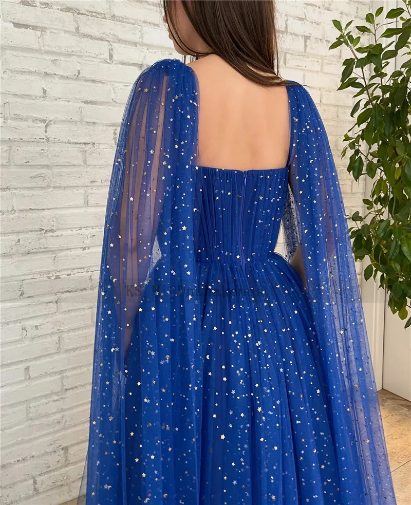 Elegante Starry Tulle Royal Blue Formele Avondjurken Speciale Gelegenheden Cap Mouw Lange Prom Dresses 2022 Vrouwen Robe De Soriee