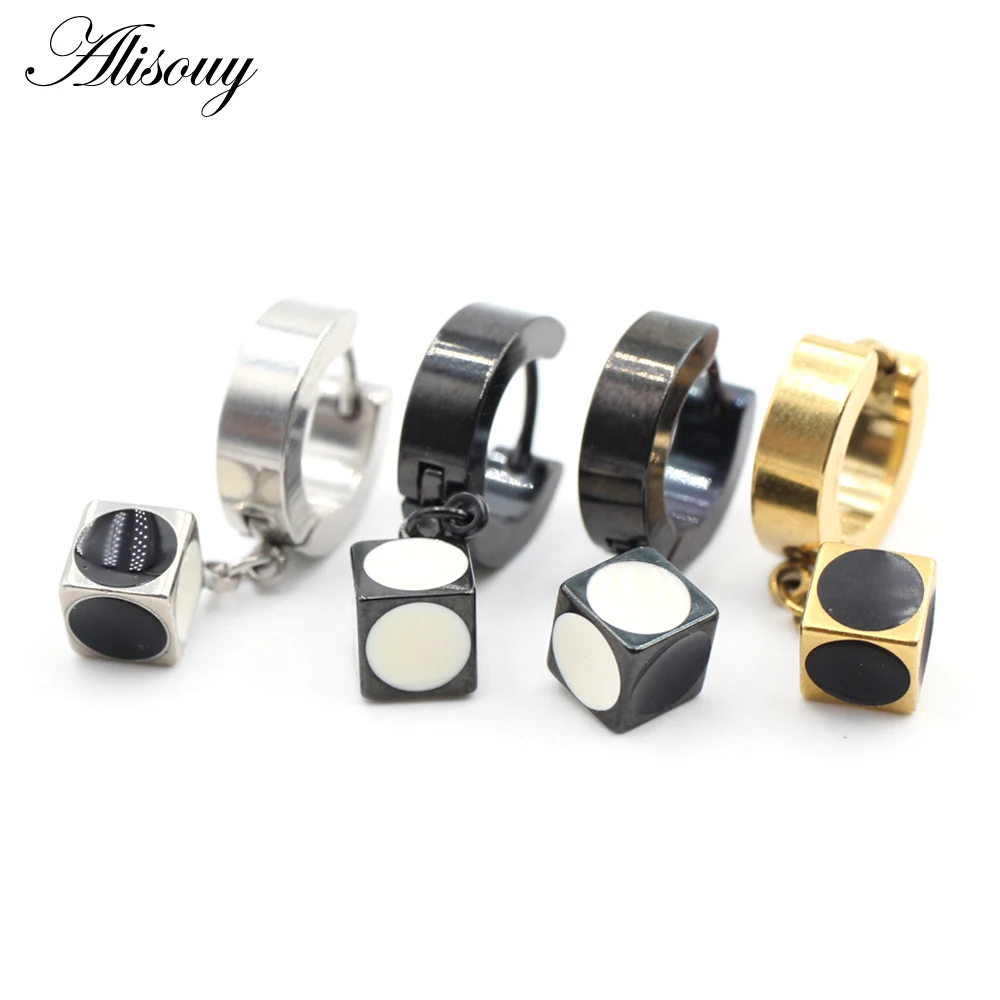 Alisouy 2pcs Punk Stainless Steel Stud Huggie Hoop Earrings for Women Men Cube Square Dice Dangle Earrings Hiphop Goth Earrings