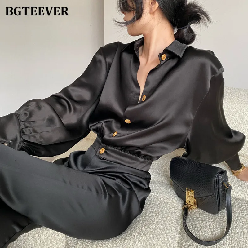 BGTEEVER Vintage Satin Women Blouses Autumn Winter Lapel Lantern Sleeve Loose Single-breasted Female Shirts Short Tops 2021