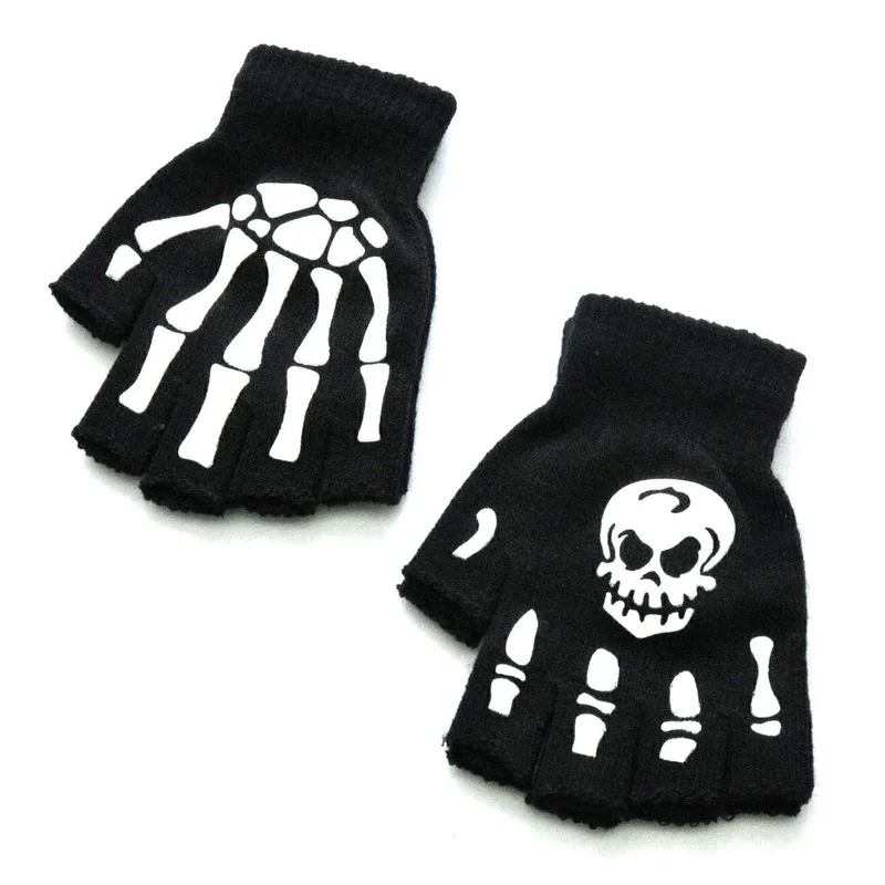 2021 Unisex ผู้ใหญ่ Halloween Skeleton Half Finger ถุงมือเรืองแสงใน Dark Fingerless ถักยืดฤดูหนาว Mittens ถุงมือ