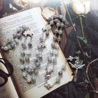 QIGO Vintage Gray Acrylic Cross Rosary Necklace Long Pendant For Men Women Religious Pray Jewelry