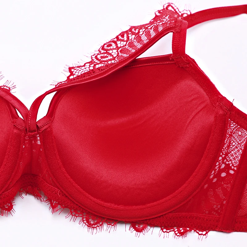 Bra Set Push Up Hollow out Padded Cup Eyelash Lace Decoration Underwired Lingerie Women Set Lucky Red