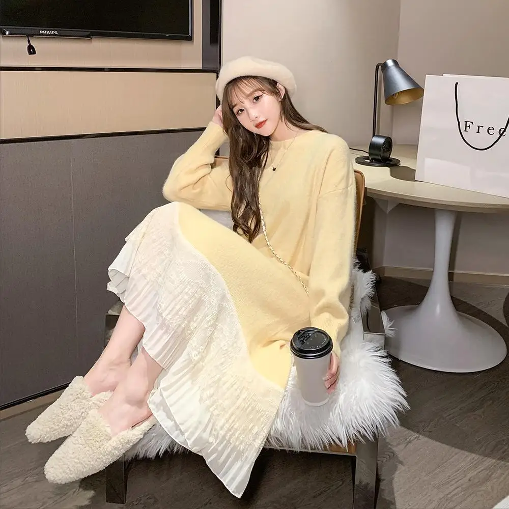 Straight Knitted Sweater Dress Women Pink 2021 Autumn Winter Woman Base Woolen Skirt Ruffles Stitching Female Knitted Sweaters