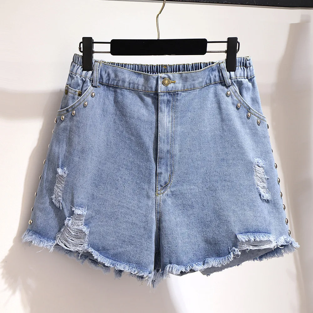 New 2021 Summer Plus Size Denim Shorts For Women Large Loose Casual Elastic Waist Rivet Blue Hole Jeans Shorts 4XL 5XL 6XL 7XL