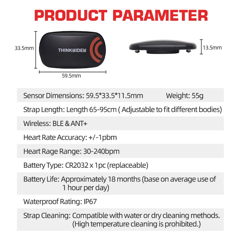 ThinkRider Heart Rate Monitor Chest Strap ANT+ Fitness Sensor Compatible Belt Wahoo Polar Garmin Connected Cycl