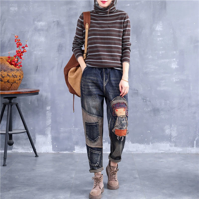 Oversized High Waist Embroidery Ankle-Length Harem Jeans Women Spring Causal Denim Pants Korean Streetwear Lace-Up Vaqueros New