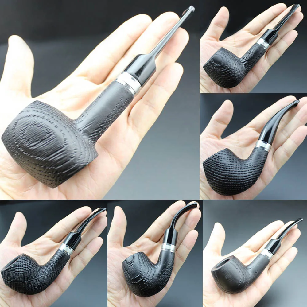 Durable Natural Wood Bog Oak Handmade Wooden Tobacco Smoking Pipe Bowl Silver Plated Ring Pipes Set & 9MM Filters 16 Tools #XBD