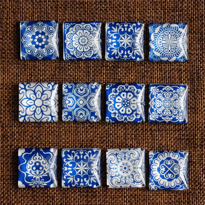 10mm 12mm 20mm 25mm Kwadratowa niebiesko-biała porcelana Losowo mieszana w parach Wzór Szklany kaboszon Flatback Zdjęcie DIY Making