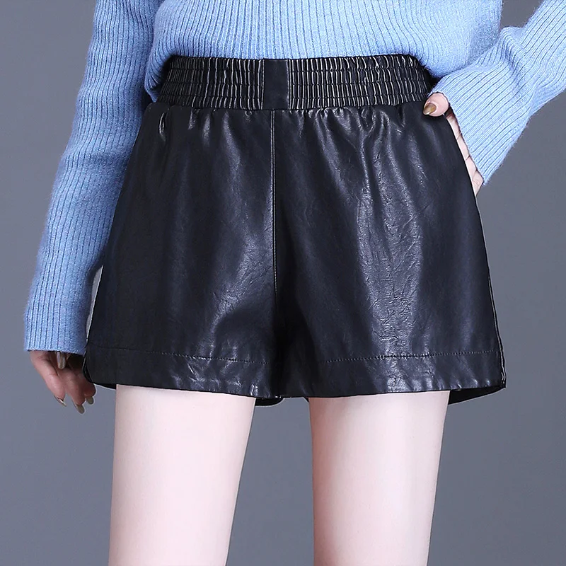 Women Autumn Pu Leather Shorts High Waist Ladies Elastic waist Shorts Artificial Leather A-line Bottoms Wide-Legged Shorts girl