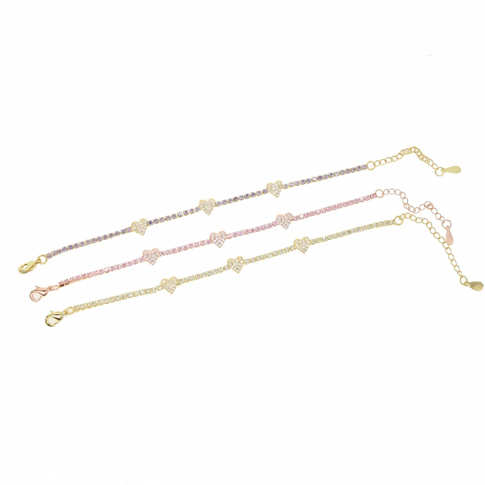 2025 Delicate Colorful White Purple Pink Thin Tennis Cz Heart Chain Bracelets For Women Lover Elegance Gifts Jewelry