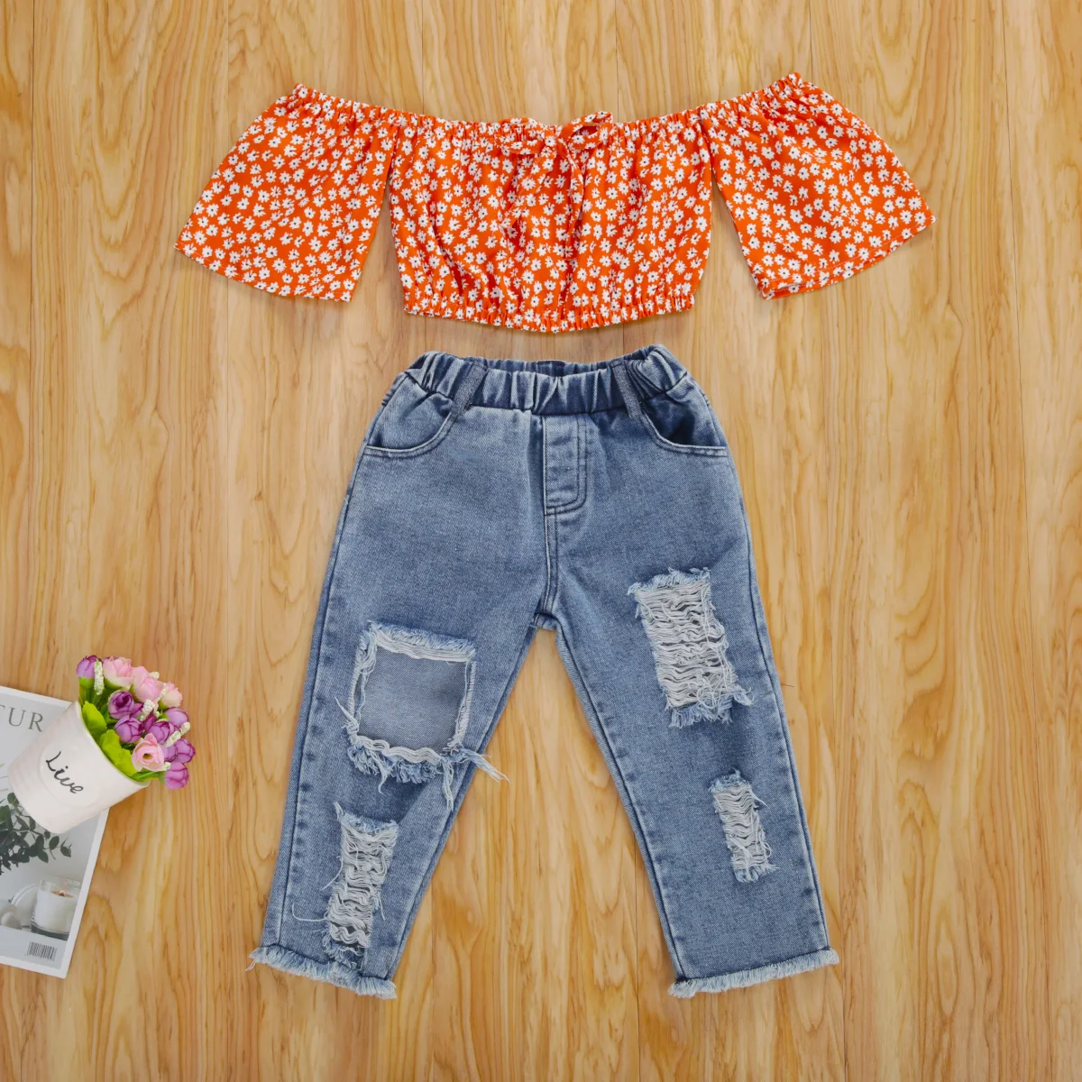 1-5Y Toddler Clothes Kids Baby Girl Orange Floral Off Shoulder Crop Top Ripped Jeans Outfits Toddler Summer Children Clothing