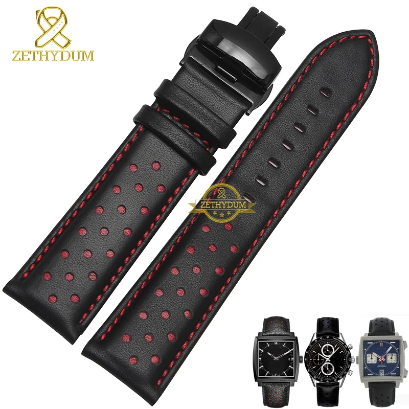 Genuine leather watchband charm leather bracelet sport watch strap 20 22mm mens wristwatches band belts black blue red stitched